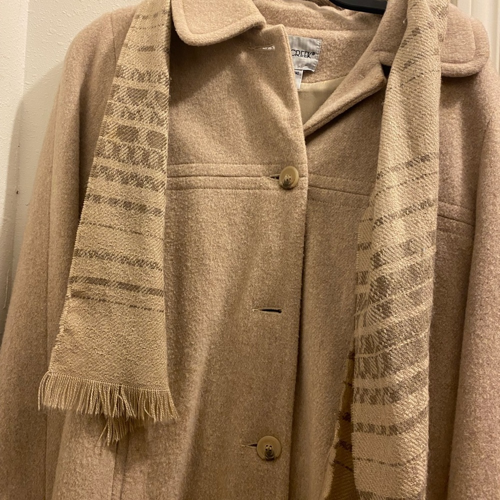 Tan coat with scarf